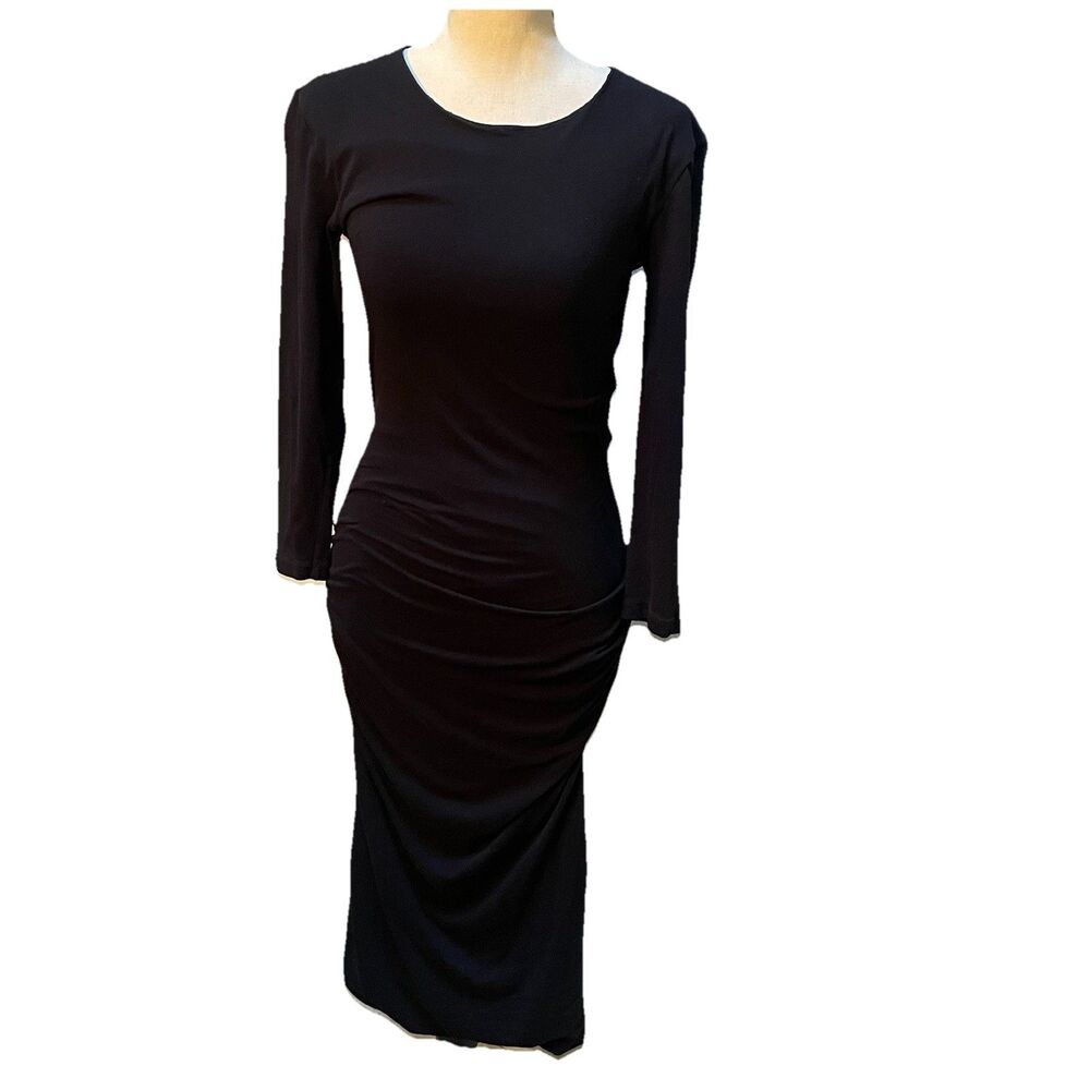 James Perse WJE6992 Black Cutout Back Ruched Midi Dress 2 M Bodycon Quiet Luxury